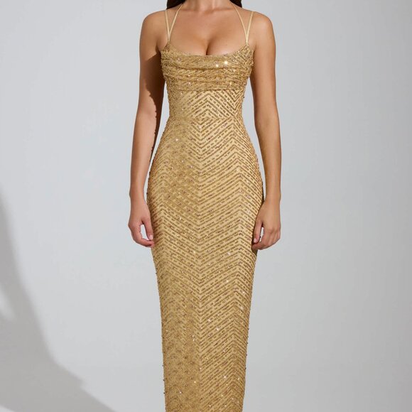 Ohpolly Dresses & Skirts - OhPolly Constance Embellished Cowl-Neck Maxi Dress in Gold, 6